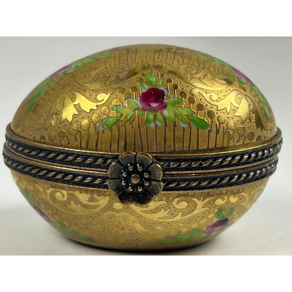 Limoges France Incrustation Trinket Box Hand Painted Roses Raised Gold Oval - Picture 3 of 15